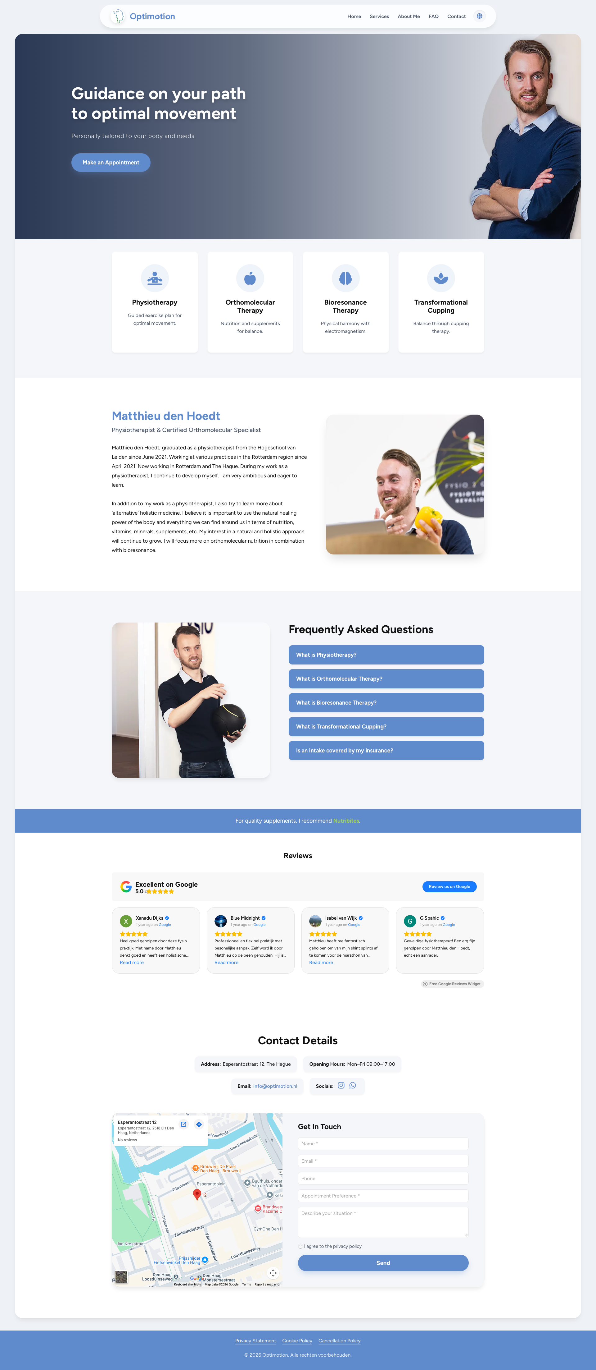 Screenshot of the Optimotion homepage, showing physiotherapy services built by Code & Canvas