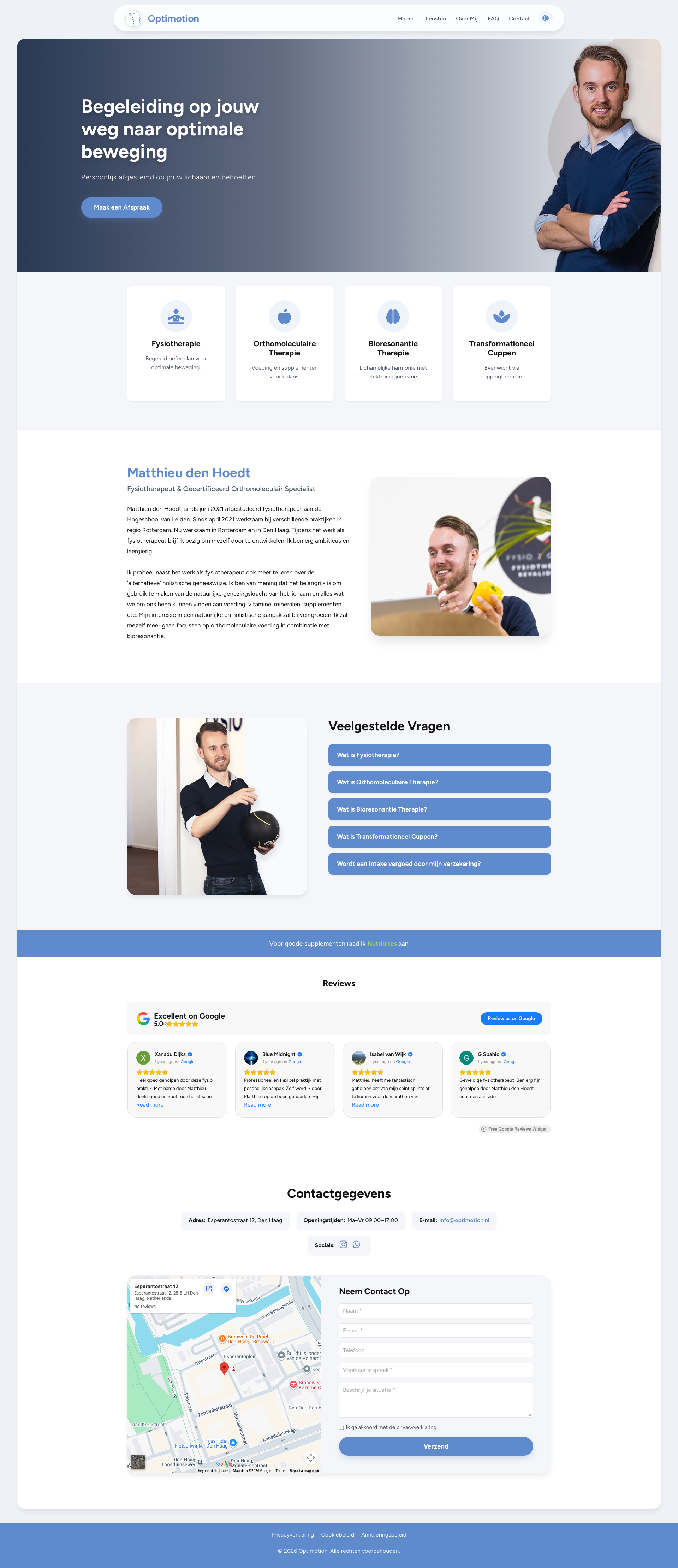 Screenshot van de Optimotion homepage, met fysiotherapie diensten gebouwd door Code & Canvas