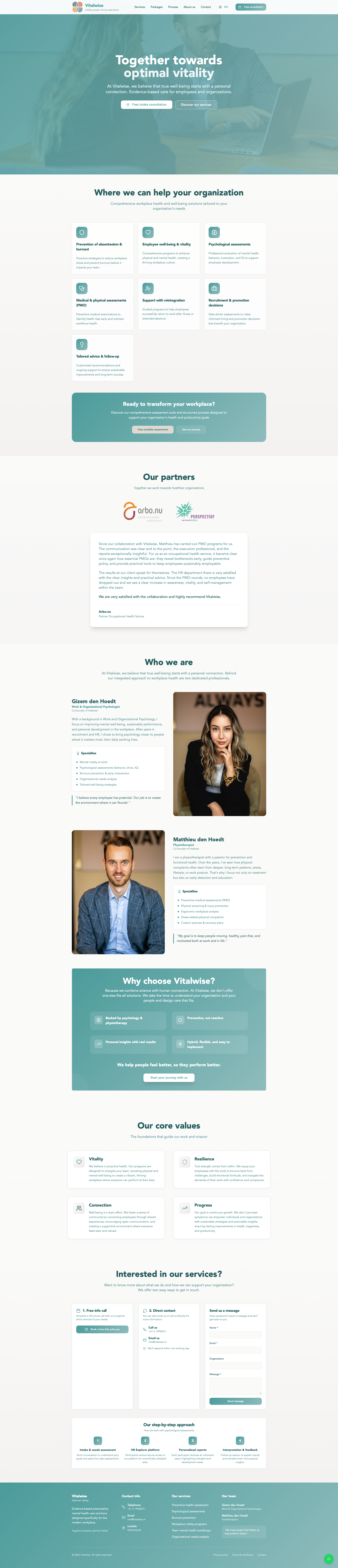 Screenshot of the Vitalwise homepage, showing health and vitality coaching services built by Code & Canvas