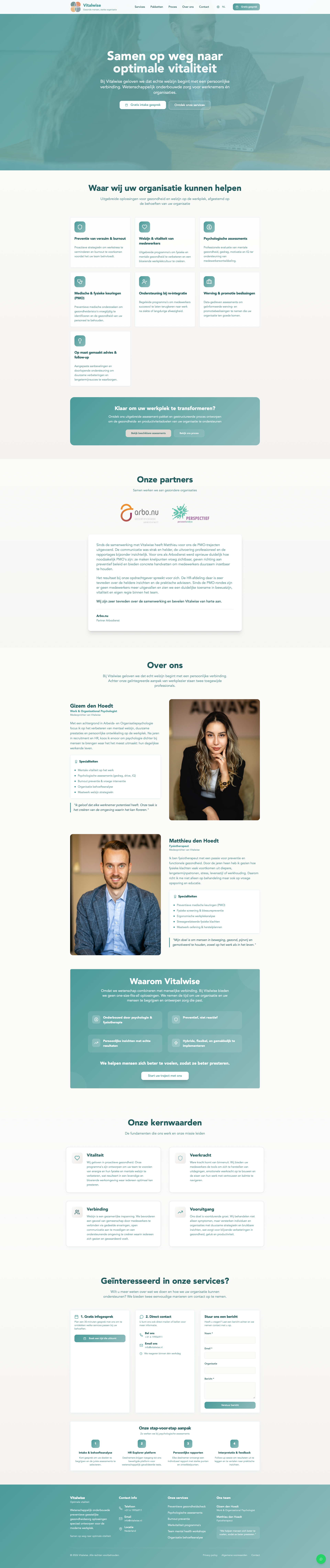 Screenshot van de Vitalwise homepage, met gezondheids- en vitaliteitscoaching diensten gebouwd door Code & Canvas